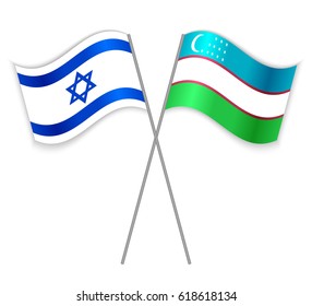 Israeli and Uzbek crossed flags. Israel combined with Uzbekistan isolated on white. Language learning, international business or travel concept.