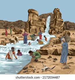 Israelites enjoying the water from the rock in the wilderness - Biblical Image 