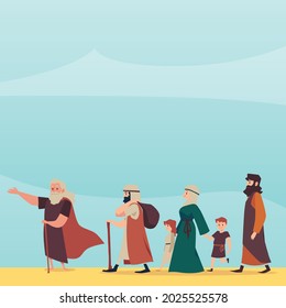 Israelites left Egypt led by Moses, flat vector illustration. Bible Exodus episode for holiday banner or card. Judaism and Christianity religious biblical narrative.