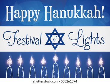 Israel's Flag design with all lighted candles in hand drawn style with greeting message for Hanukkah celebration, also called Festival of Lights.