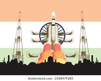 ISRO's Chandrayaan-3 Launch Illustration with Rocket Propulsion and Indian Flag in the Background - Indian Space Mission 