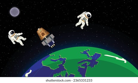 ISRO's Gaganyaan Launch Illustration with Astronauts Floating in Space Near Earth 