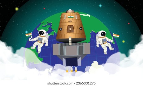 ISRO's Gaganyaan Launch Illustration with Astronauts Floating in Space Near Earth 