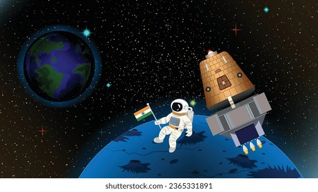 ISRO's Gaganyaan in Space Illustration with Astronaut Holding Indian Flag 