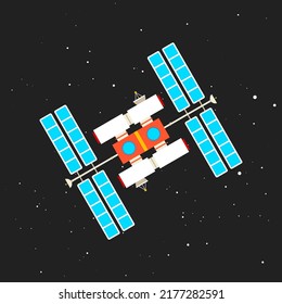 ISS, international space station in the black sky among the stars. Flat vector illustration.