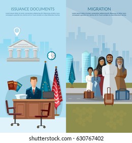 Issuance of documents for immigrant, issue of visas passports documents, migrants in USA and Europe vector banner 