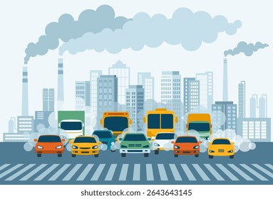The issue of air pollution caused by industrial emissions and motor vehicles. Cars driving on a highway with carbon dioxide clouds in the background of industrial facilities