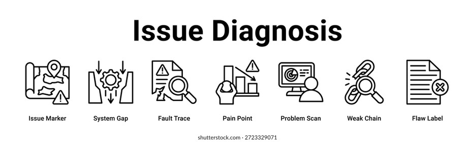 Issue Diagnosis web banner icon vetor illustration concept for Business com ícone de marcador de problemas, lacuna do sistema, rastreamento de falhas, ponto problemático, análise de problemas, cadeia fraca.