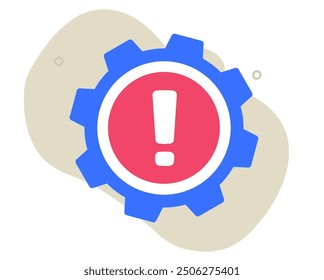 Issue error cog wheel icon vector as broken system technical maintenance graphic illustration, cogwheel gear exclamation mark problem flat cartoon sign, setup glitch alert caution image clip art