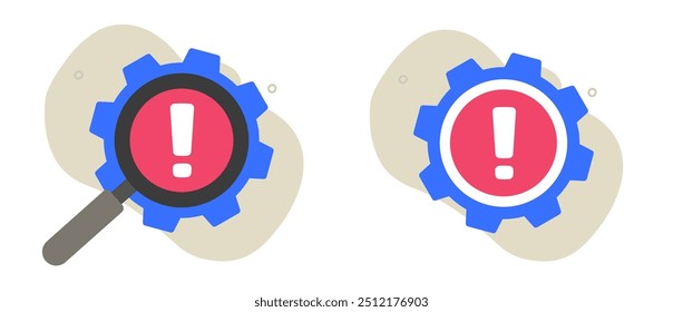 Problema investigação de erro revisão ícone vetor gráfico ilustração conjunto, desenho animado plano problema técnico aviso inspeção exame engrenagem símbolo imagem clip art, reparação do sistema auditoria cuidado