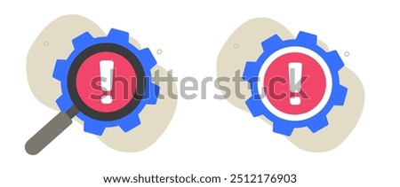 Issue error investigation review icon vector graphic illustration set, flat cartoon technical problem warning inspection exam cogwheel gear symbol image clip art, system repair audit caution