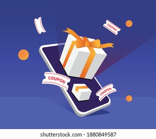 to issue gifts and coupons to consumers via mobile illustration set. gift box, coupon, mobile phone. Vector drawing. Hand drawn style.