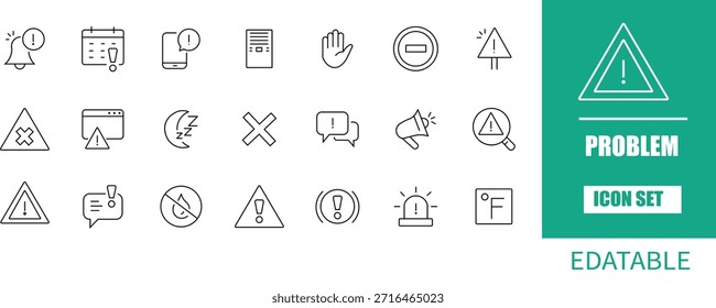 issue icon set. issue, notice, sign, important, cog, lightning, monitor, bankruptcy, problem, , icon set. Coleção de Ícones de Estrutura de Tópicos. Ilustração vetorial. Traçado editável