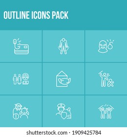 Issue icon set and terrorism with phishing, police with armour and rebellion. Rape related issue icon vector for web UI logo design.