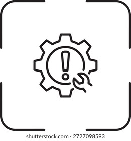 Icono de advertencia de solución de problemas y mantenimiento del sistema que muestra un engranaje con una exclamación aislada sobre fondo blanco