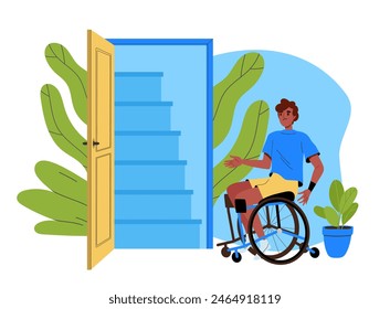 Issues of architecture and infrastructure unsuitable for persons with disabilities. Man at wheelchair near stair. Guy with disability next to stairs in building. Isolated flat vector illustration