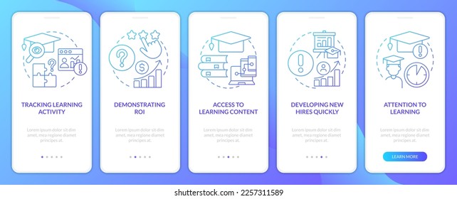 Issues in corporate training blue gradient onboarding mobile app screen. Walkthrough 5 steps graphic instructions with linear concepts. UI, UX, GUI template. Myriad Pro-Bold, Regular fonts used