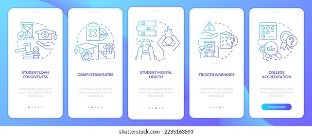 Issues in higher education blue gradient onboarding mobile app screen. Walkthrough 5 steps graphic instructions with linear concepts. UI, UX, GUI template. Myriad Pro-Bold, Regular fonts used