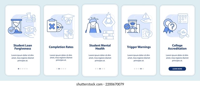 Issues in higher education light blue onboarding mobile app screen. Walkthrough 5 steps editable graphic instructions with linear concepts. UI, UX, GUI template. Myriad Pro-Bold, Regular fonts used