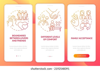 Problemas dentro de la pantalla de aplicación móvil de las parejas de LGBT con gradiente rojo. Recorrido 3 pasos instrucciones gráficas con conceptos lineales. UI, UX, plantilla GUI. Multitud de tipos de letra Pro-Bold, con uso regular