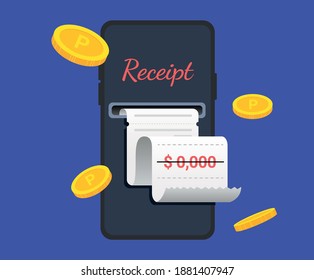 Issuing year-end settlement receipts via mobile illustration set. point, coin, phone, store, gold. Vector drawing. Hand drawn style.