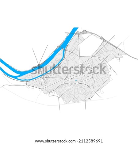 Issy-les-Moulineaux, Hauts-de-Seine, France high resolution vector map with city boundaries and editable paths. White outlines for main roads. Many detailed paths. Blue shapes and lines for water.