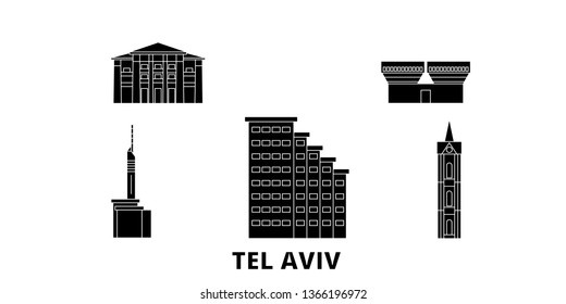 Istael, Tel Aviv flat travel skyline set. Istael, Tel Aviv black city vector illustration, symbol, travel sights, landmarks.