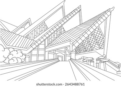 Istana Budaya, Kuala Lumpur - Minimalist Line Art, Minimalist black and white line drawing illustration of Istana Budaya (Palace of Culture) in Kuala Lumpur, Malaysia, a prominent landmark and