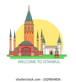  Istanbul architecture. Cartoon Turkey symbols and objects with text "Welcome to Istanbul"