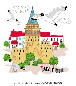 Istanbul cartoon galata tower  istanbul turkey panoramic view to golden horn. hand drawn sketch