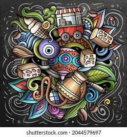 Istanbul cartoon vector doodle chalkboard illustration. Colorful detailed composition with lot of Turkish objects and symbols.