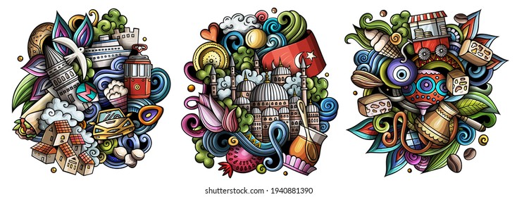 Istanbul cartoon vector doodle designs set. Colorful detailed compositions with lot of Turkish objects and symbols. Isolated on white illustrations