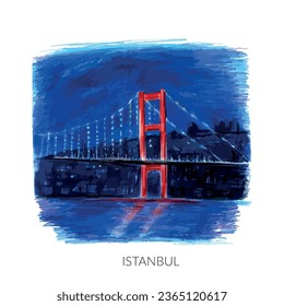 Istanbul city bosphorus bridge night view, coast colorful sketch. Turkey tourist attraction illustration.