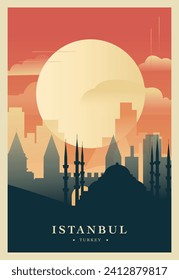 Istanbul city brutalism poster with abstract skyline, cityscape retro vector illustration. Turkey travel guide cover, brochure, flyer, leaflet, business presentation template image