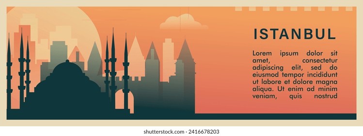 Istanbul city brutalism vector banner with skyline, cityscape. Turkey megapolis town retro horizontal illustration, travel layout for web presentation, header, footer
