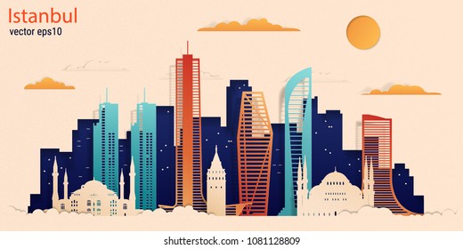 Istanbul city colorful paper cut style, vector stock illustration. Cityscape with all famous buildings. Skyline Istanbul city composition for design