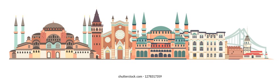 Istanbul City colorful skyline vector illustration. Panoramic of Istanbul, famous building. Palace and bridge landmarks. Historic abstract icon