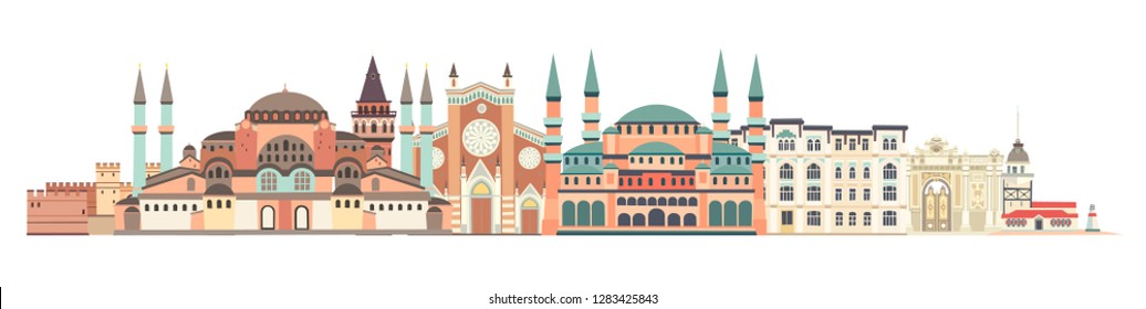 Istanbul City colorful skyline vector illustration. Turkey art. Cartoon style, isolated on white