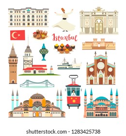 Istanbul City colorful vector collection. Istanbul building and landmarks. Mosque, Temple cartoon style. Bridge and Palace icon. Turkish tram and dancer