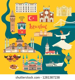 Istanbul City colorful vector map. Famous Istanbul building. Mosque and Turkey landmarks card atlas