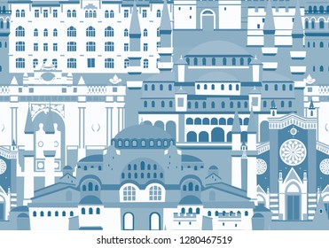 Istanbul City colorful vector seamless pattern. Monochrome blue colors. Famous Istanbul building