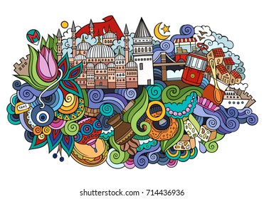 Istanbul city doodles elements and symbols background. Vector hand drawn illustration