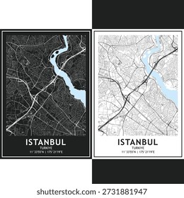 Conjunto de Vectores del mapa de la ciudad de Estambul, Paquete de hoja de ruta urbana minimalista oscura y clara con cuadrícula de calles escalable, autopistas y diseño de planificación 