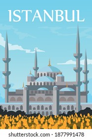 Istanbul city retro poster travel illustration