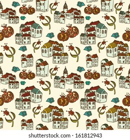 Istanbul city seamless pattern with tulips and pomegranates