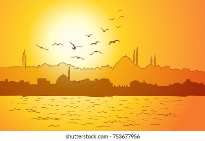 Istanbul city silhouette with mosque, Bosphorus and flying seagulls at sunset, Vector hand drawn lines