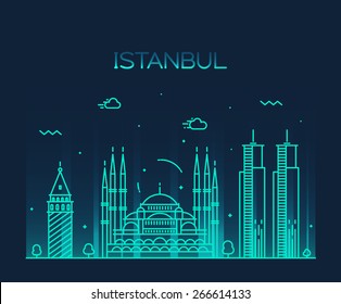 Istanbul City skyline detailed silhouette. Trendy vector illustration, line art style.