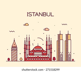 Istanbul City skyline detailed silhouette. Trendy vector illustration, line art style.