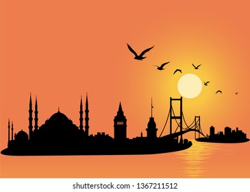 Istanbul City Skyline Sunset  Vector Illustration.