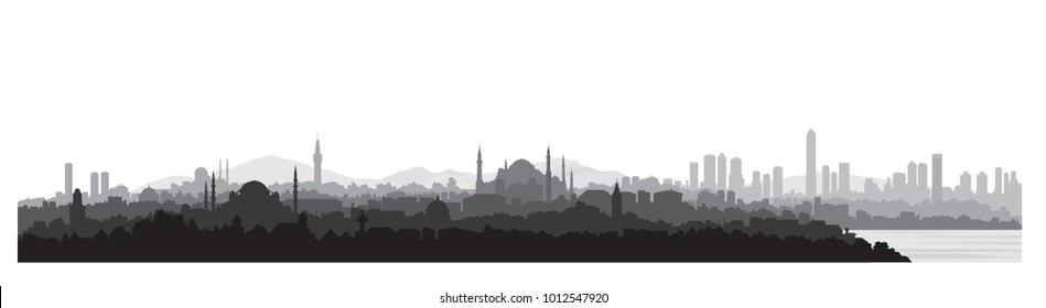 Istanbul city skyline. Travel Turkey background. Urban panoramic view. Cityscape with famous building silhouette